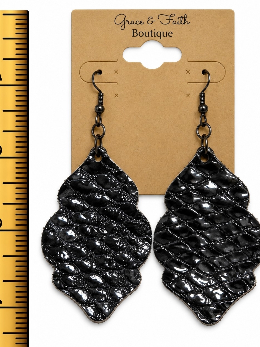 Black Textured Leather Dangle Earrings